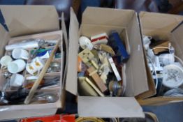 3 Boxes Containing Assorted Kitchenalia - Vintage Scales - Hand Tools - Knives - Dinner Service -