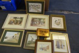 Box Containing 10 Assorted Framed Paintings & Prints