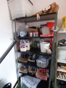 Section of Adjustable Shelving Containing Assorted Chili Flakes, Chip Spice, Blue Roll, Pizza Boxes,