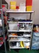 Section of Adjustable Shelving Containing Assorted Fish Fryers Tools, Stainless Steel Colanders,