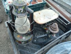 *Box containing Hand Painted Narrow Boat Ware consisting of Scales & Lamp - Flat Iron - Hanging