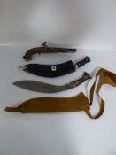 2 Kukri Knives in Sheaths & Reproduction Pistol