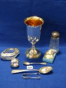 Silver Topped Trinket Dish - 2 Silver Napkin Rings - Silver Spoon - Sugar Tongs & Elvington Plated