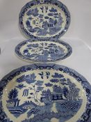 3 Large Blue & White Meat Plates