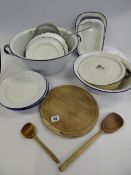 Collection of Enamel Kitchenware - Pine Bed Board etc