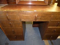 Oak Pedestal Desk with Red Leather Inlet Top