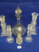 Glass Decanter - 4 Cut Glass Candlesticks etc