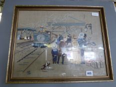 Framed Sampler Depicting a Railway Station