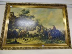 Gilt Framed Oil Painting Depicting a Horse Fair