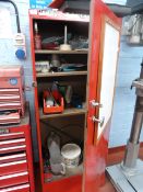 Red 5 ft Stationery Cabinet containing assorted Safety Wear - Oil Cans - Tooling etc