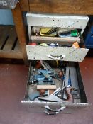 3 Drawer Metal Cabinet Containing Assorted Set Squares, Record Planes, Hand Tools etc