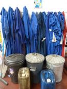 Galvanized and Plastic Waste Bins, Oil Containers and Blue Overalls