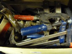 Box Containing Record Wood Planes - F Clamps - G Clamps etc