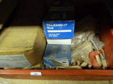 Box Containing Asssorted Wood Cupboard Handles - Pallet Strapping Machine - Glue Sticks etc