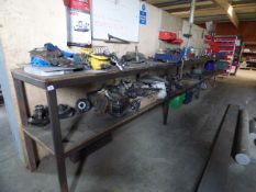 *Fabricated Engineers Work Bench fitted with 2 Engineers Vices containing Various Engine Wheel &