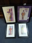 4 Framed Clown Water Colours