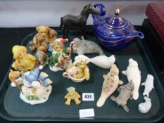 Tray Containing Cherished Teddy Bears - Seal Figures - Sadler Aladdin Teapot etc