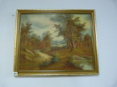 Gilt Framed Oil Canvass Painting Depicting A Woodland Scene