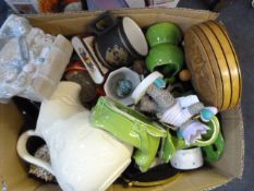 Box Containing Porcelain Frogs - Jugs - Treen Ware etc
