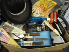 Box Containing Cowboy Hats - Radio Clock Alarms - Bone Handled Carving Set - Fans etc