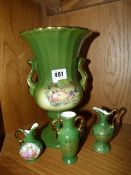 Green & Gilt Vase and 3 Other Pieces