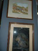 2 Framed Pictures 1 Depicting A Squirrel & 1 Depicting Hay Cart & Geese