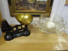 Set of Salter Balance Scales with Brass Pan & Weights and Glass Punch Bowl
