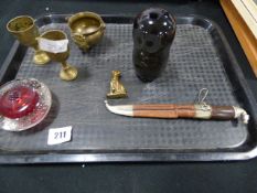 Tray Containing Collectables Including Paper Weights - Brassware etc