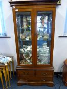 Mirrored Back Glazed China Cabinet Over Drawers in Yew Wood Finish