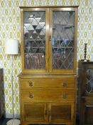 Oak Bookcase with Leaded Glass Doors Over Cupboard