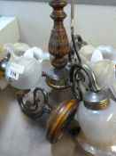 Mahogany & Brass 3 Branch Chandelier & 2 Matching Wall Lights with Frosted Glass Shades