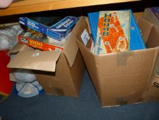 3 Boxes & Bags Containing Jigsaws - Model Car Kits - Children's Games - Wool etc