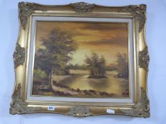 Gilt Framed Oil on Canvas of a Rural Scene