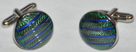5 x Pairs of Genuine Circle Stripe Enamel Cuff Links by Ice London – Color : Green – Model : EGCL-