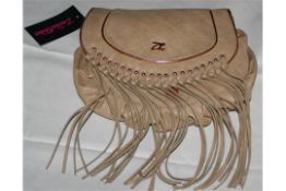 1 x Zandra Rhodes “Jada” Tassel Fringe Satchel Handbag – Colour: Stone / Camel – Brand New Stock -