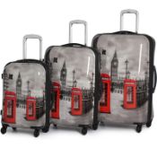1 x IT Luggage 3 Piece Suitcase Set - London Big Ben & Red Phone Box Style - High Quality Luggage