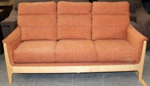 1 x Cintique “Lydia” 3-Seater Sofa – Orange Fabric With A Light Wood Frame -  Original RRP £1,390  –