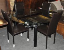 1 x Round Glass Extending Table With 4 Genuine Dark Brown Leather Chairs – Designed by Mark
