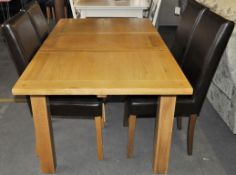 1 x Natural Wooden Extendable Table Set with 4 Dark Brown Leather Chairs - Traditional Yet Stylish –