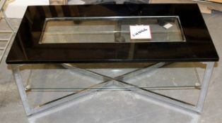 1 x Glass Coffee Table With A Black Lacquared Outer Frame, and Criss-cross Metal Base With Glass