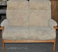 1 x Traditional Cintique 2 Seater Biege Patterened Sofa by Wade Upholstery – Solid Oak Frame – Ex