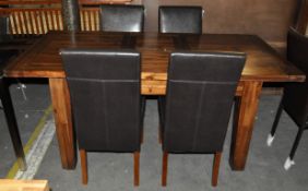 1 x Cognac Acacia Table & 4 Genuine Dark Brown Leather Chairs – Designed by Morris of Glasgow – Ex
