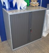 1 x  Office Grey Steel Storage Cabinet With Dark Grey Tambour Sliding Doors - Includes Key - H99 x