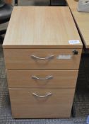 1 x Three Drawer Mobile Pedestal Drawers - With Key - Modern Birch Finish - Two Storage Drawers