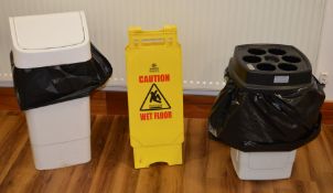 1 x Assorted Lot of Hygiene Products - Includes Mop and Bucket, Wet Floor Sign, First Aid Kit, Drink