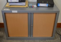 1 x Office Storage Cabinet With Tambour Sliding Doors - Includes Key - Grey Steel Cabinet With Beech