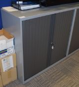 1 x Office Grey Steel Storage Cabinet With Dark Grey Tambour Sliding Doors - Includes Key - H99 x