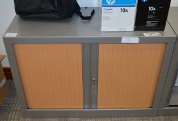 1 x Office Storage Cabinet With Tambour Sliding Doors - Includes Key - Grey Steel Cabinet With Beech