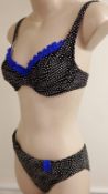 1 x Rasurel - Black Polka dot with royal blue trim & frill Tobago Bikini - B21068 - Size 2C - UK