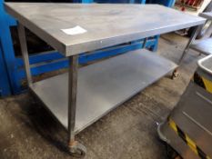 1 x Mobile Stainless Steel Commercial Kitchen Prep Bench With Undershelf and Overshelf - CL057 - H84